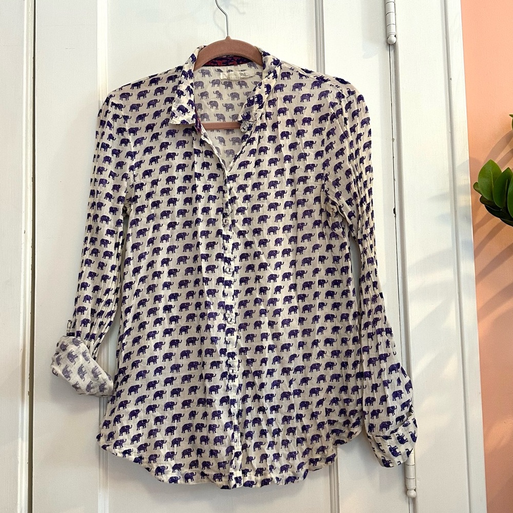 Anthropologie Cream and Blue Elephant Button Down Shirt